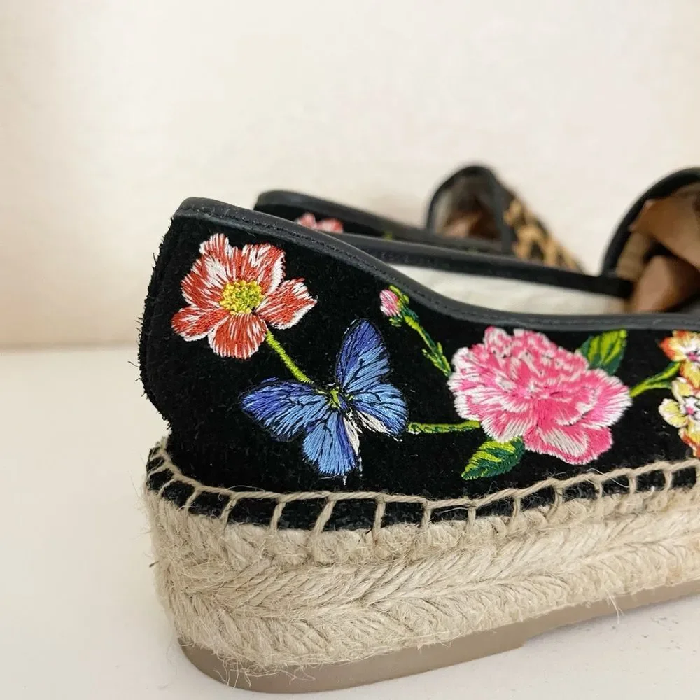 Johnny Was Garden black suede Leopard floral print Espadrilles 8